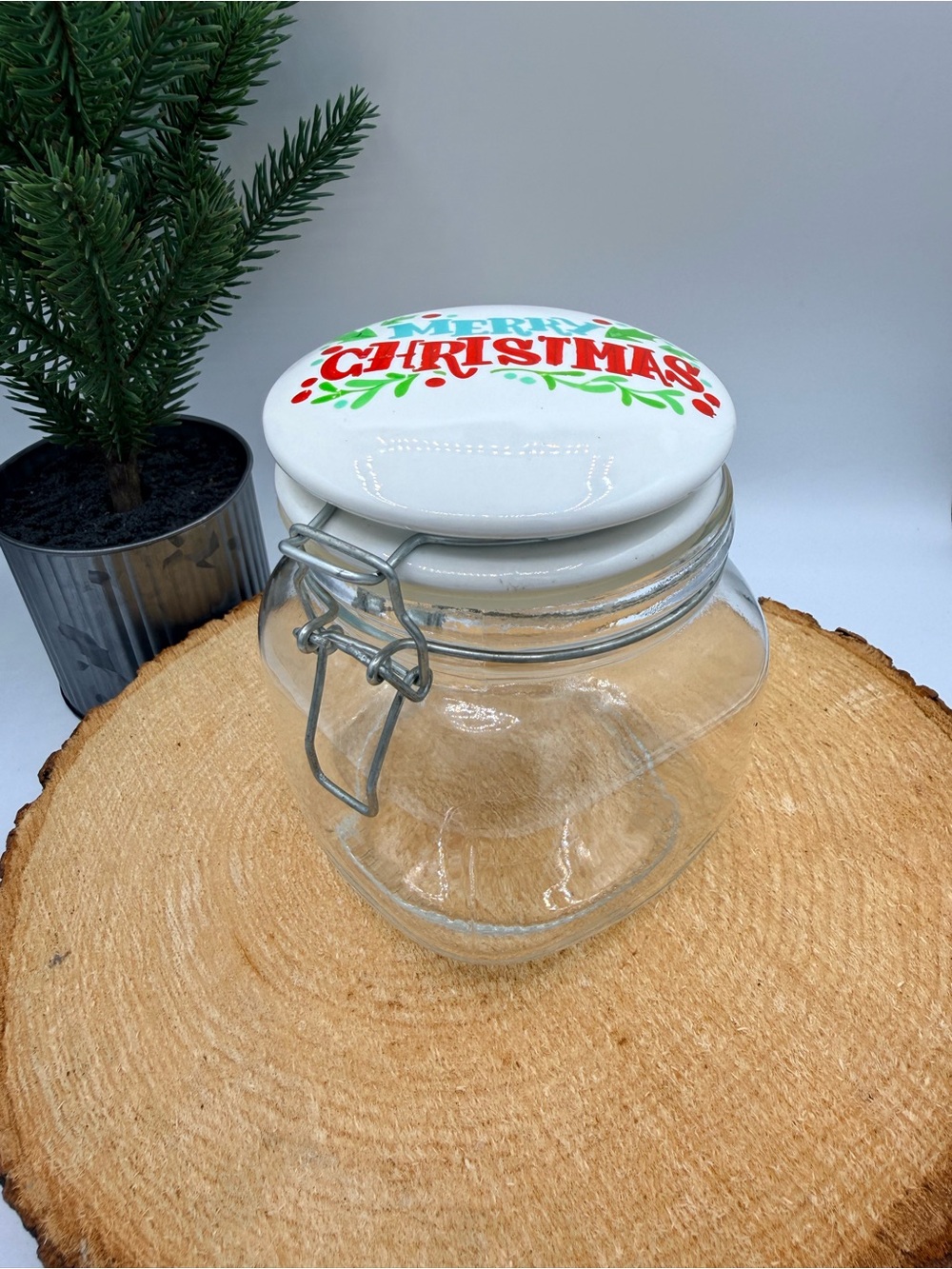 VTG Christmas Glass Jar Canister w/ Ceramic Merry Christmas Lid Wire Bail Clamp